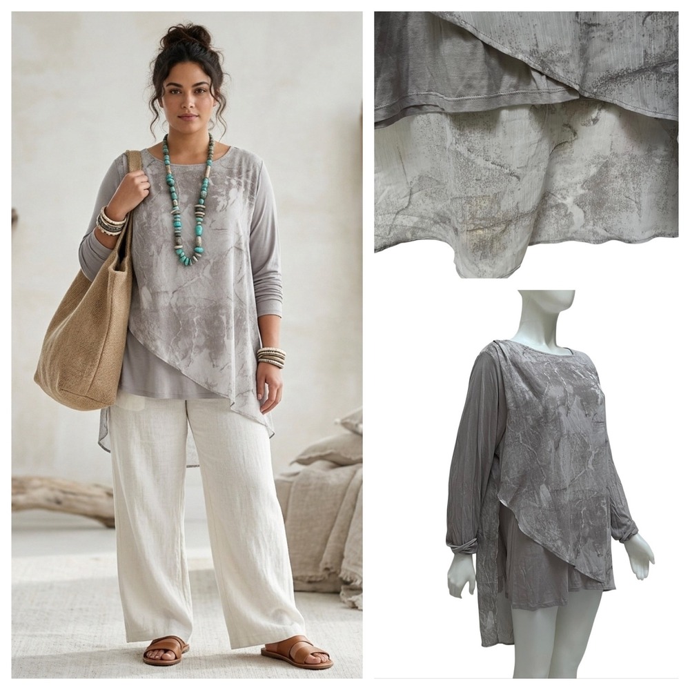 Overlay Tunic Top Women's 2X Gray Abstract Marble Chiffon Lagenlook Art to Wear
